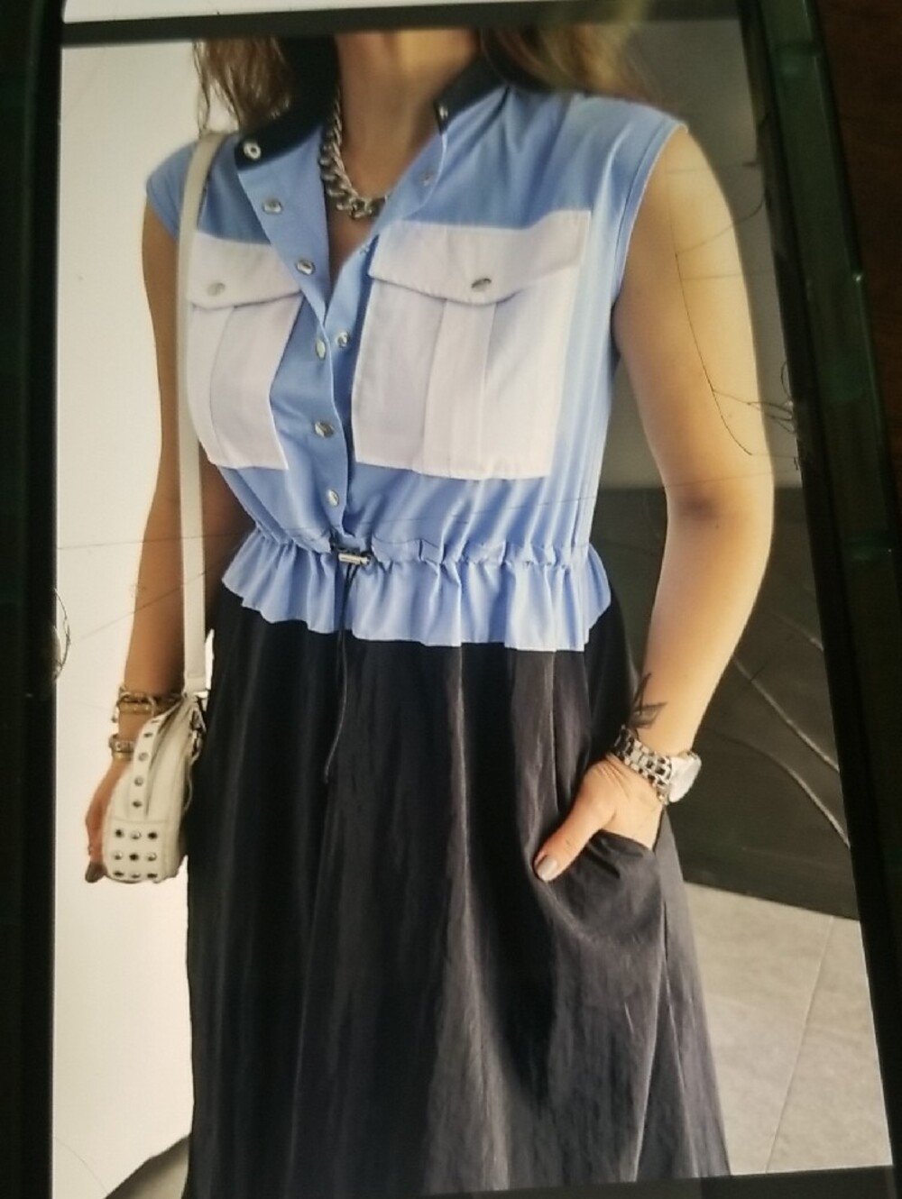 Sleeveless Light Blue and Black Colorblock Mini Dress with White Pocket Detail